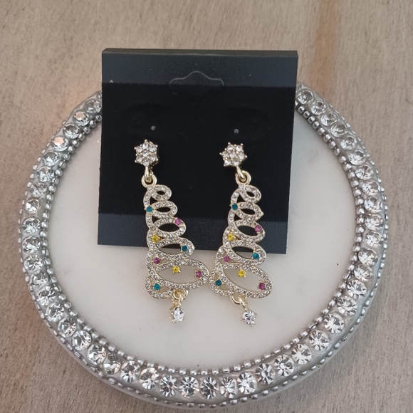 Gold Rhinestone Christmas Tree Star Drop Stud Earrings - Picture 4 of 7